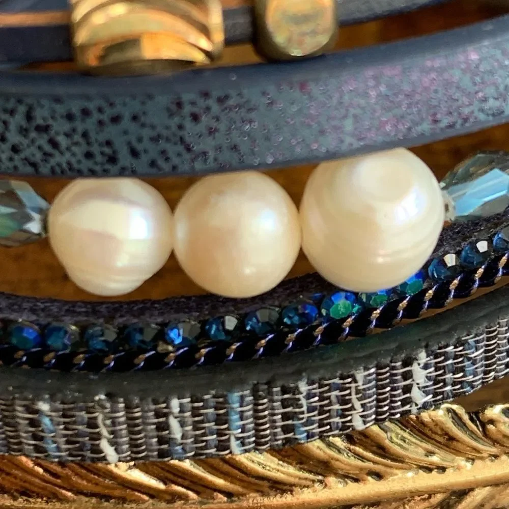 Men’s Seascape Nautical Navy PU Boho Cuff Bracelet, Genuine Pearls